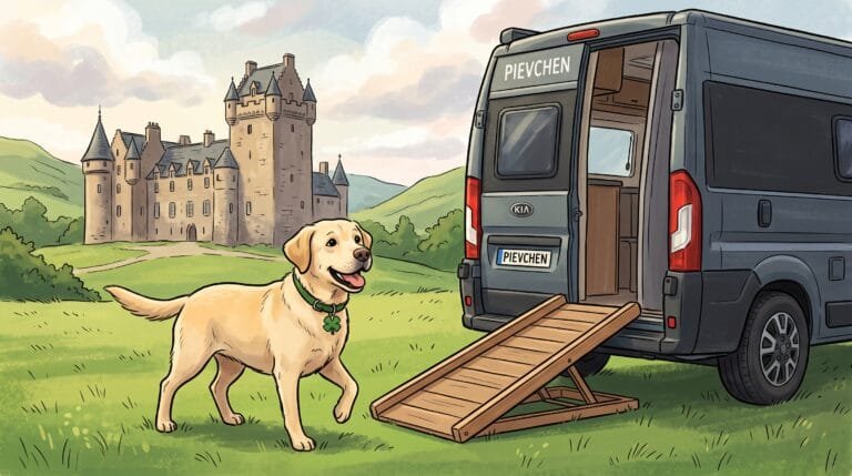 Nala, Pievchen, deiner Rampe und dem schottischen Schloss im Hintergrund